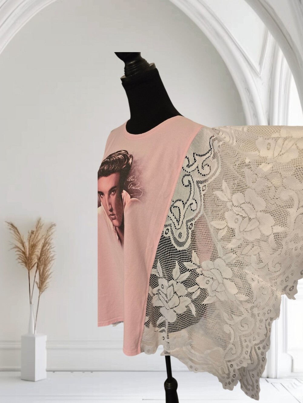 Upcycled Elvis Graphic Tee With Sheer Lace Sleeves, OS - Picture 3 of 6